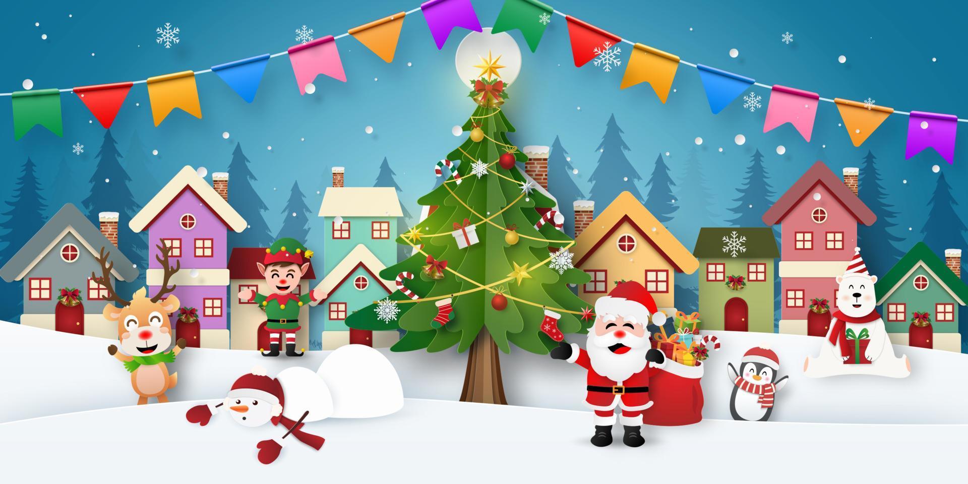 Paper art of Christmas party with Santa Claus and friends in snow town, Merry Christmas and Happy New Year vector