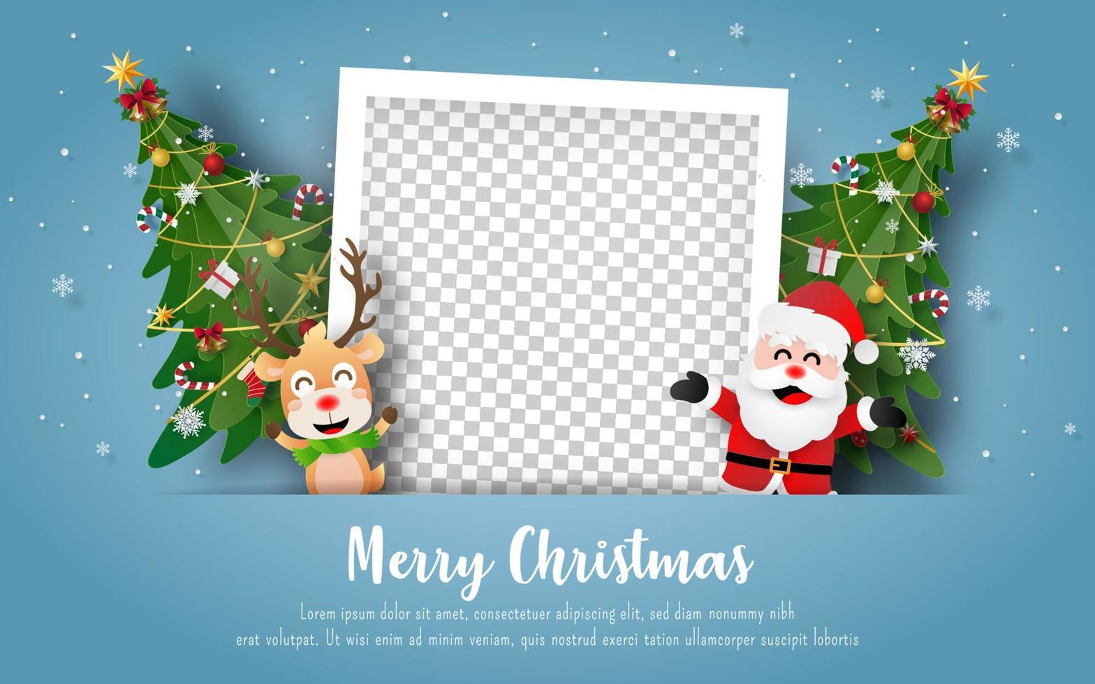 postal de navidad con santa y renos con marco de fotos en blanco vector