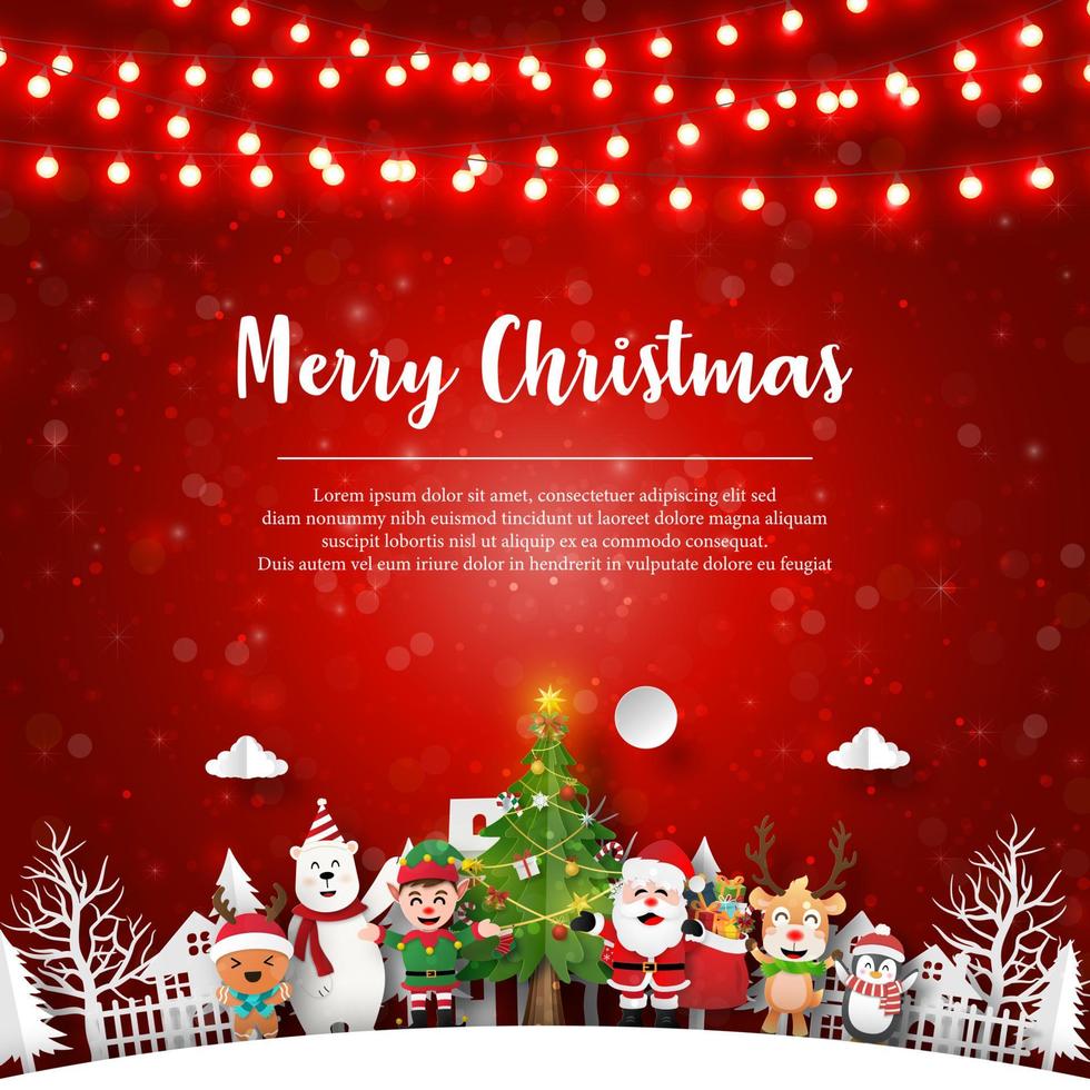 Merry Christmas and Happy New Year, Christmas postcard of Christmas tree with Santa Claus and friends, Paper art style vector