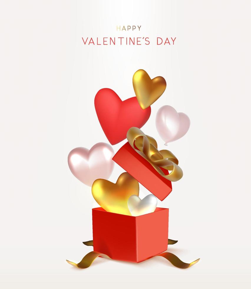 Diseño de fondo de San Valentín con caja de regalo roja abierta y corazones ilustración vectorial vector