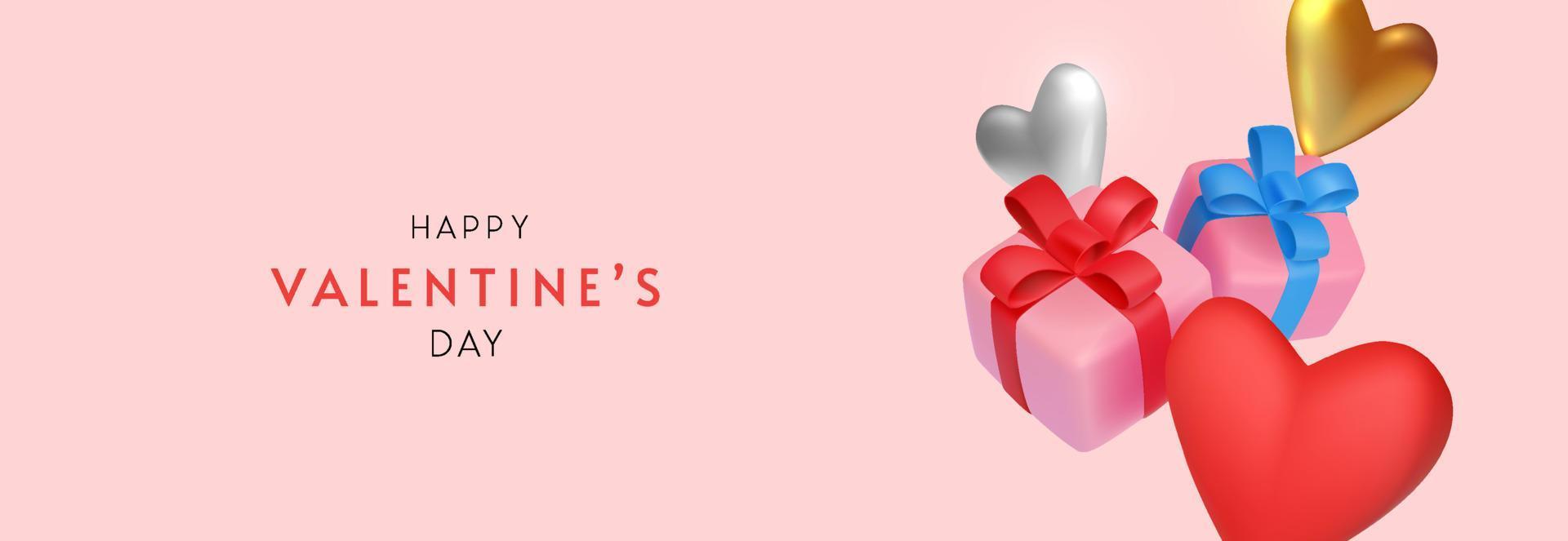 Banner de San Valentín con regalos de juguete mínimos y corazones ilustración vectorial vector