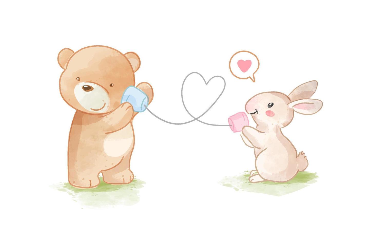 lindo oso y conejo jugando en la ilustración del teléfono taza vector