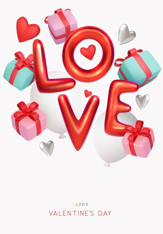 Diseño de banner de San Valentín con texto de estilo 3d y cajas de regalo ilustración vectorial vector