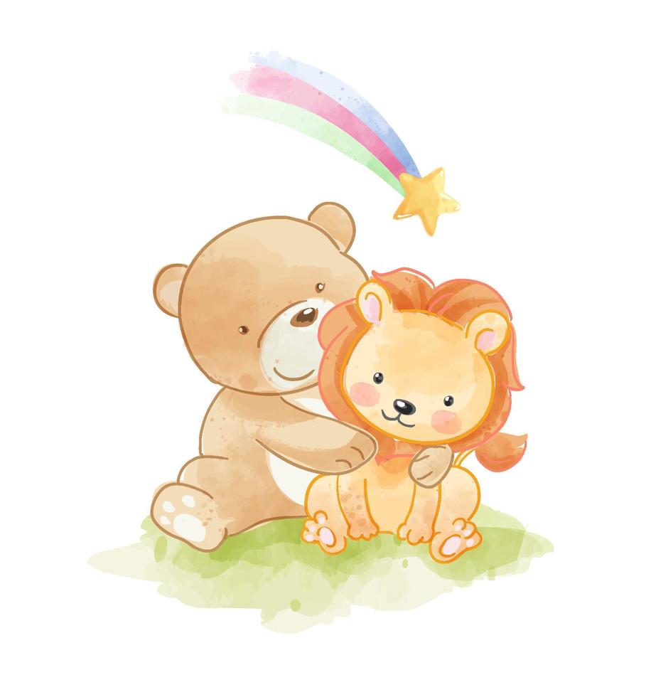 Cute Bear Hugging Lion Friend and Rainbow Star Illustration vector