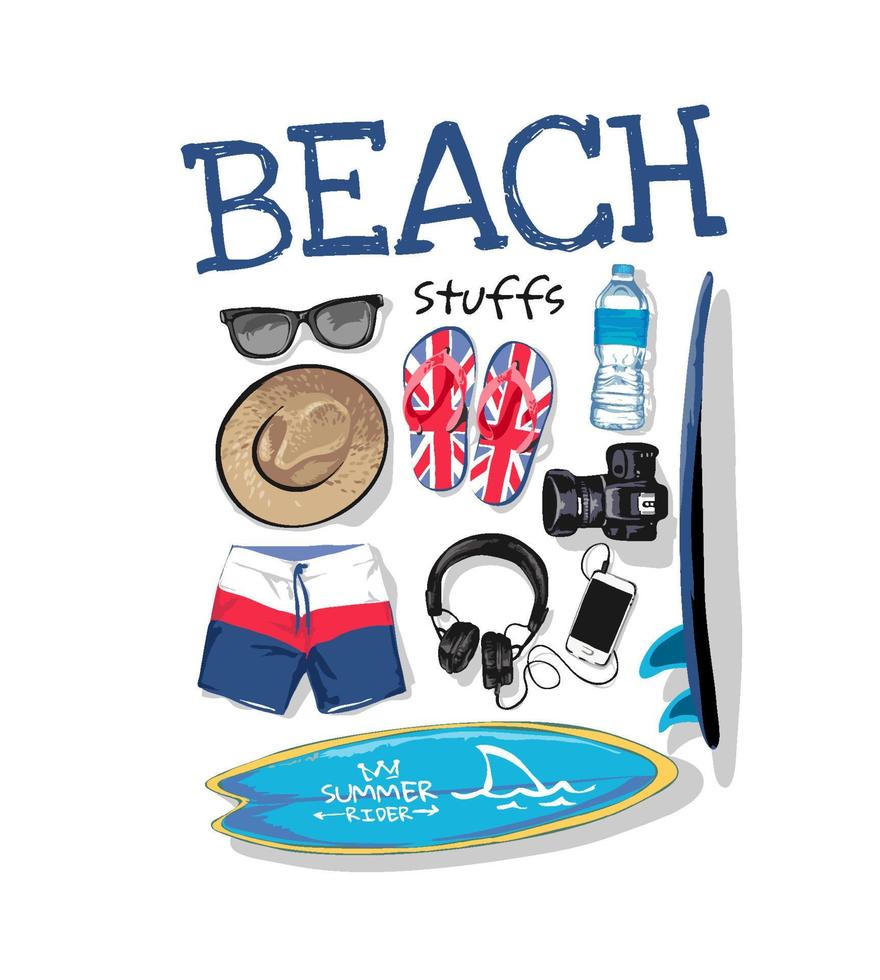 beach stuffs slogan with summer items collection vector