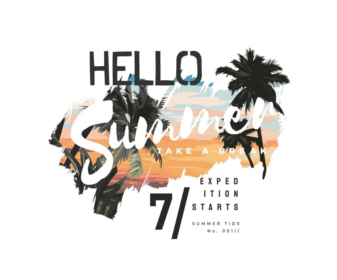 hello summer slogan on beach palm sunset background illustration vector