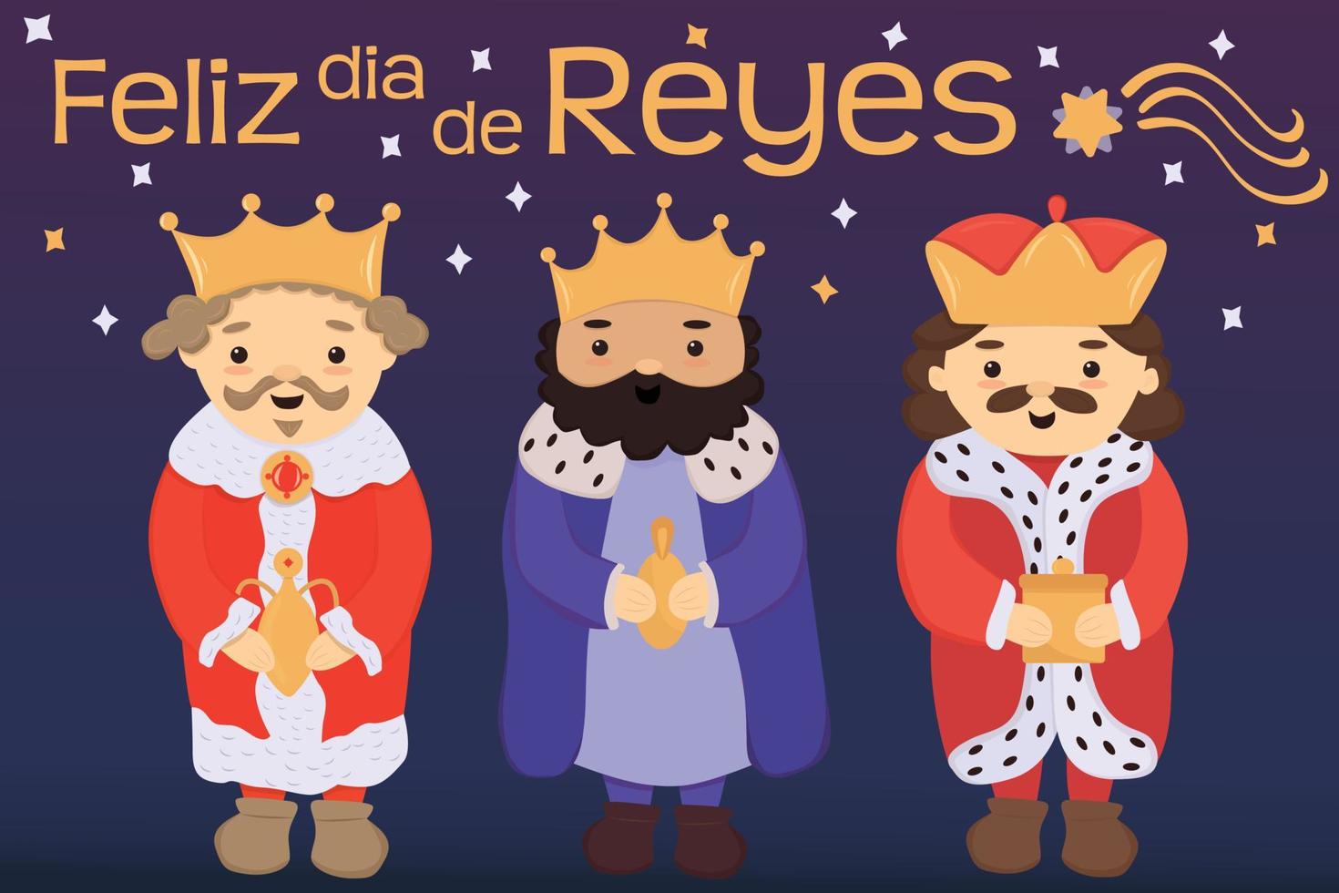 feliz dia de reyes - traducción al español - happy kings day. 3 lindos reyes con regalos vector