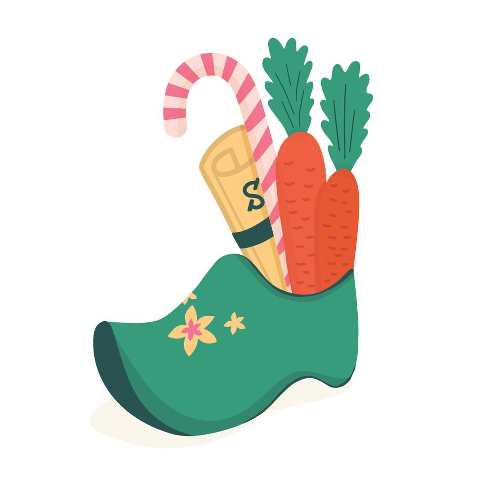 Saint Nicholas - Sinterklaas - Dutch Santa traditional boots with gifts, carrots and candy. vector