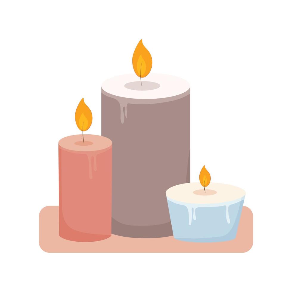 Burning paraffin wax aromatic scented candles. Aromatherapy and relaxation for spa. Cute home decoration, hygge, holidays, salon, romantic, mystical design element. Flat cartoon vector illustration