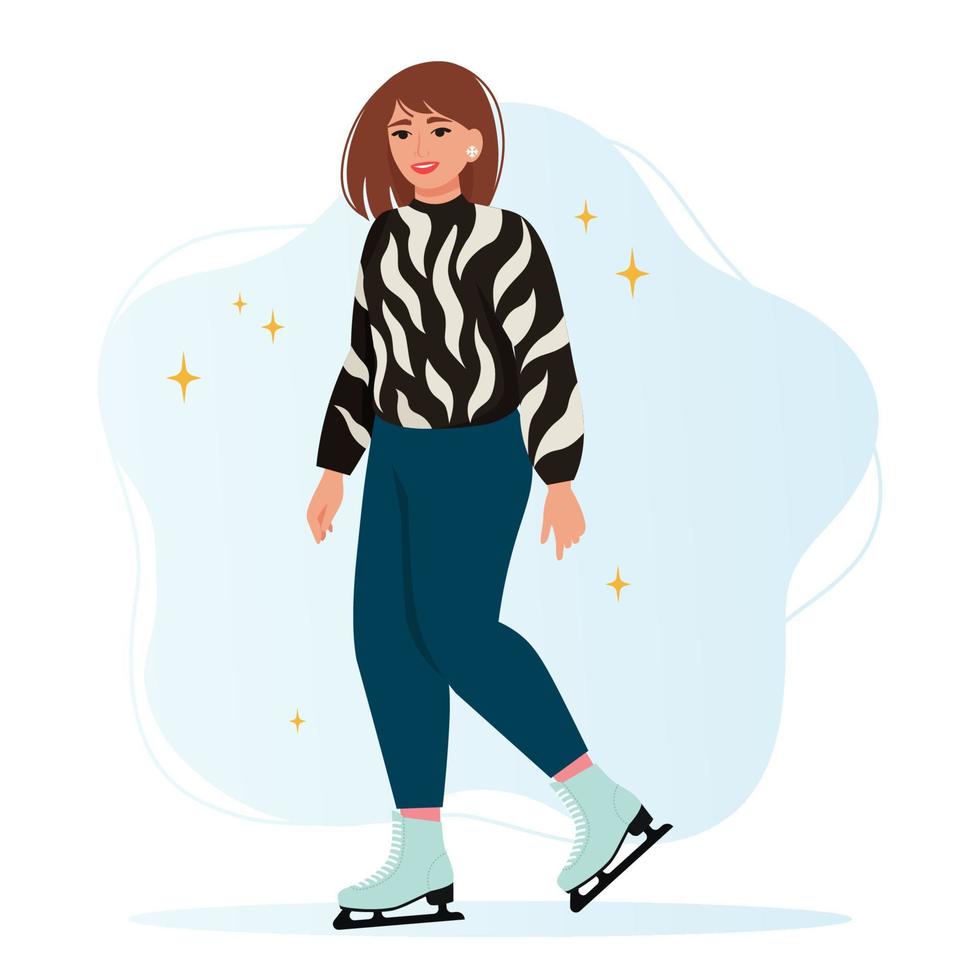 mujer con un suéter cálido patina sobre hielo. patinaje artístico, diversión activa de invierno. ilustración vectorial en estilo plano vector