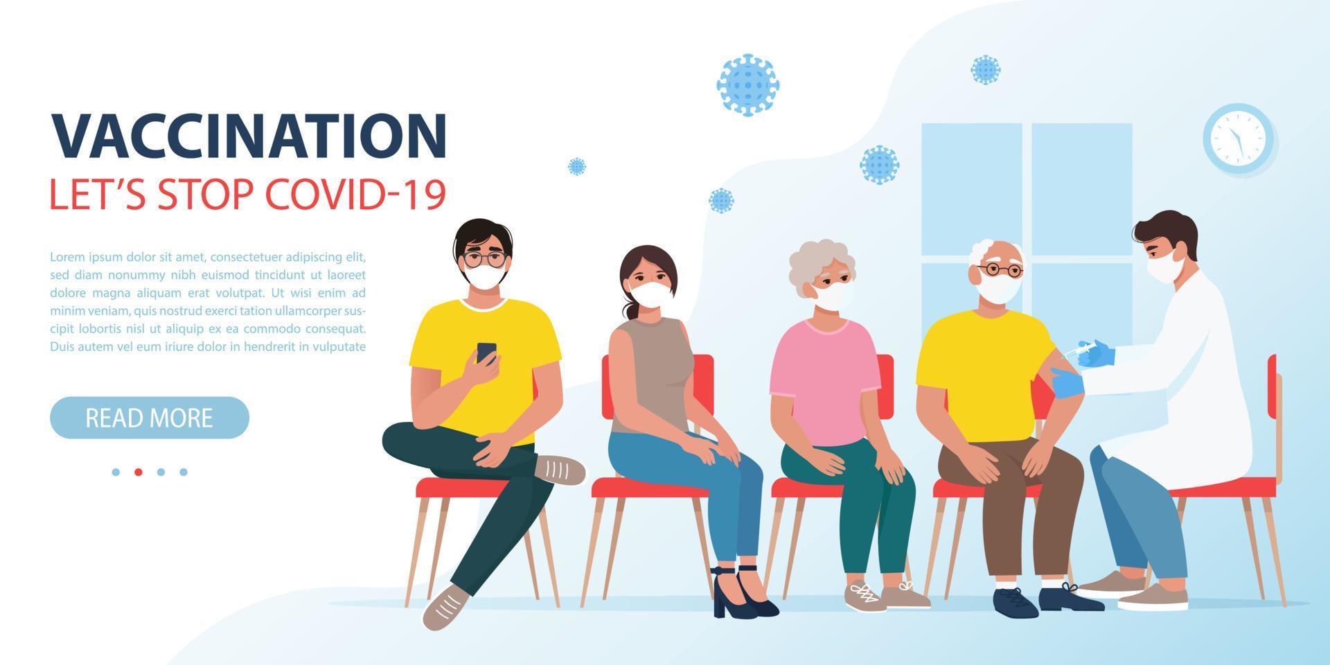 People are sitting in line for a coronavirus vaccine. Let s stop covid 19 landing page. Vector illustration in flat style