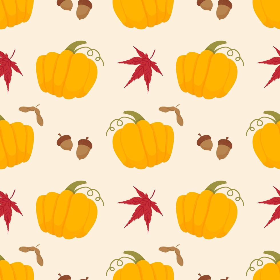 Autumn seamless pattern with yellow pumpkins, red leaves and oak acorn. Hand drawn vector illustration