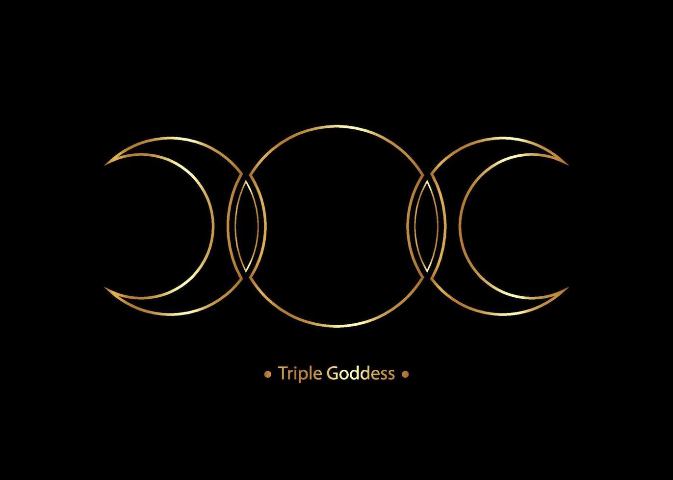 Triple Moon Religious wiccan sign. Wicca logo Neopaganism symbol, Gold Triple Goddess icon, Goddess of the Moon, the Earth, and childbirth. Crescent, half, and full moon vector isolated on black