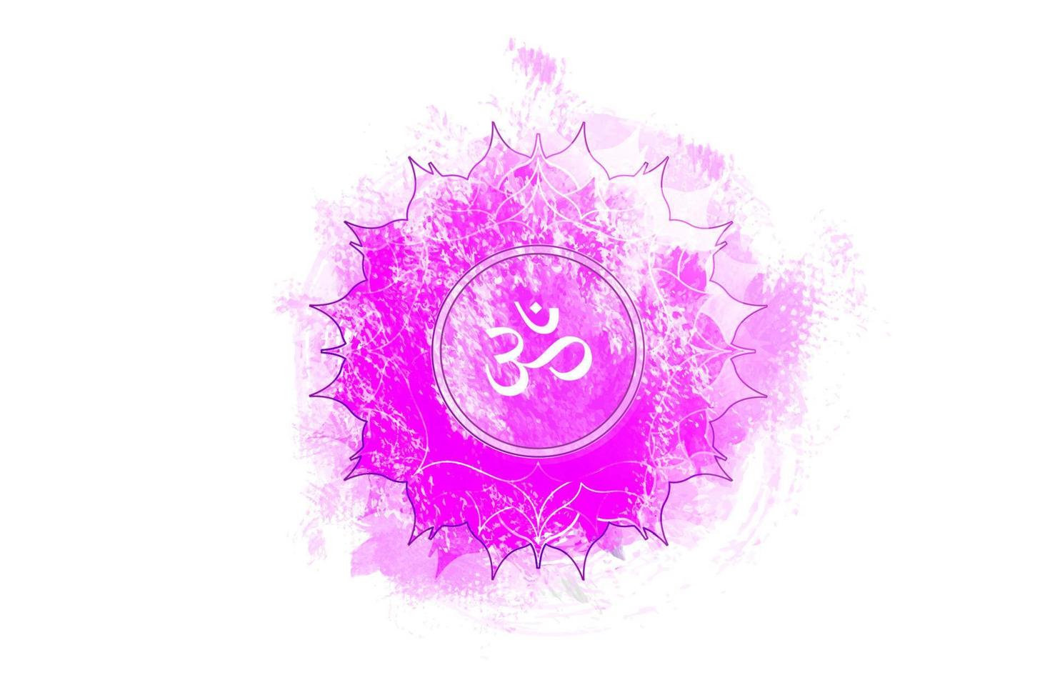 séptimo chakra de sahasrara, plantilla de logotipo de chakra de la corona en estilo acuarela. meditación de signo sacro púrpura, icono de mandala redondo de yoga. el símbolo om en el centro, vector aislado sobre fondo blanco