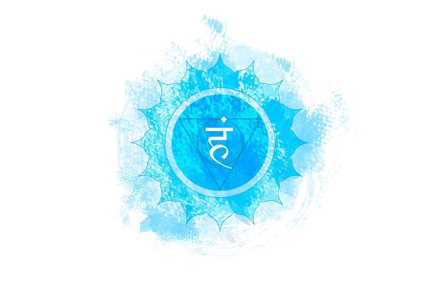 Fifth chakra of Visuddha, Throat chakra logo template in watercolor style. Blue mandala. Hindu Sanskrit seed mantra Vam, symbol for meditation, yoga. Vector isolated on white background