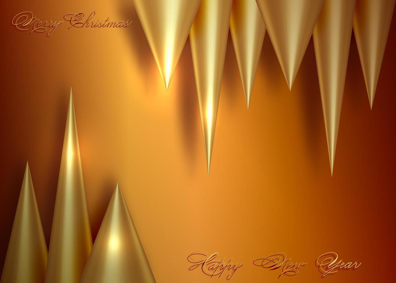 Christmas and New Year background. Conical Abstract Gold Christmas Trees. Luxury Bright Winter holiday composition. Greeting card, banner, poster, template. Vector isolated on luxury background