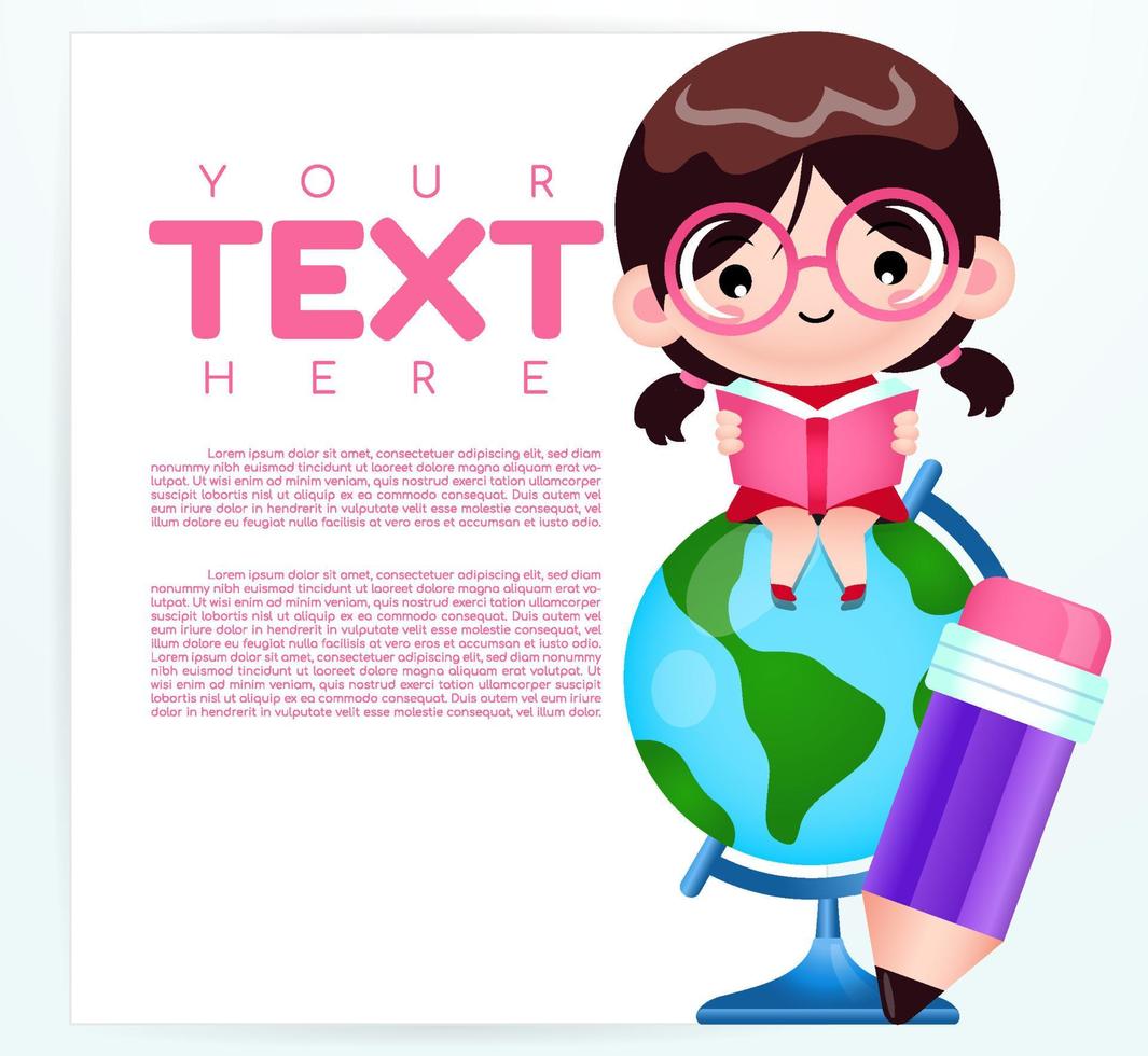 Cute Girl Sitting On The World Globe With Banner. vector