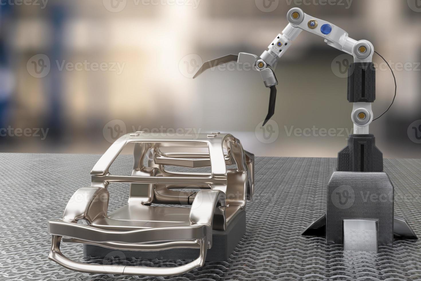 Car production processing service in factory robot hi tech robotic AI control arm hand robot artificial for car technology garage dealership with tech hand cyborg engineering automotive 3D rendering photo