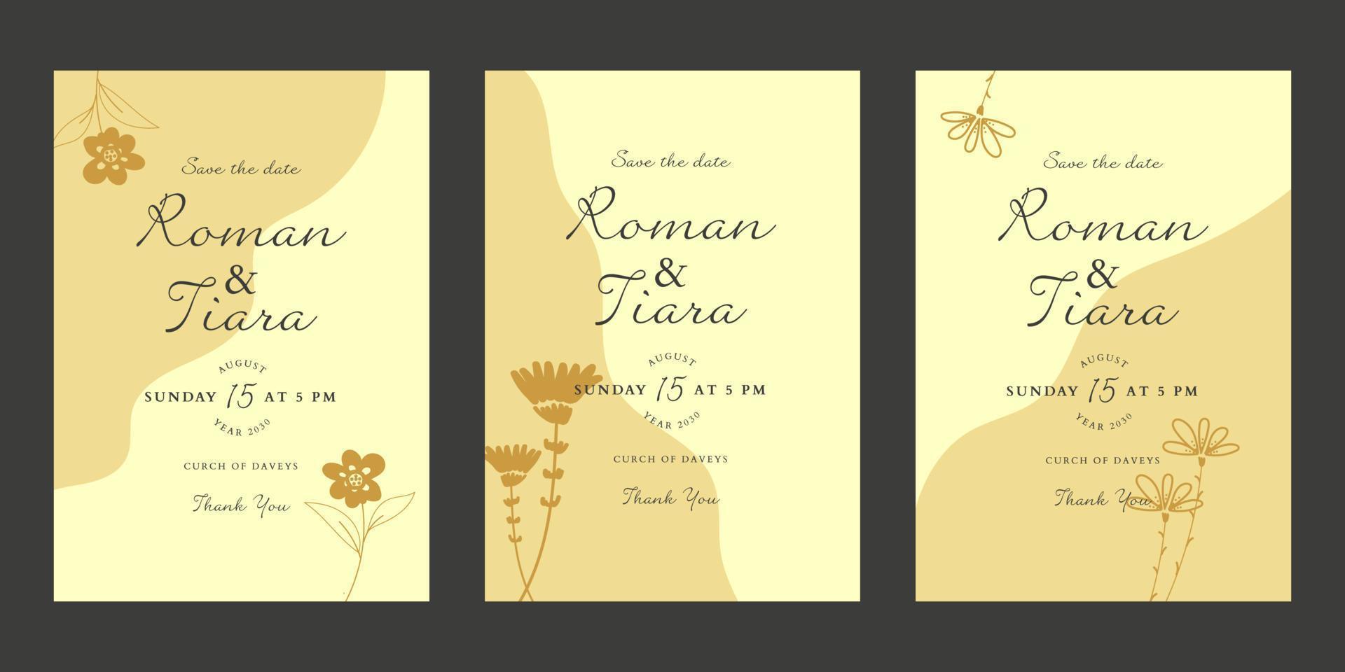 Conjunto de colección de plantillas de invitación de hojas tropicales de boda botánica dibujada a mano floral moderno de moda. ilustración vectorial vector