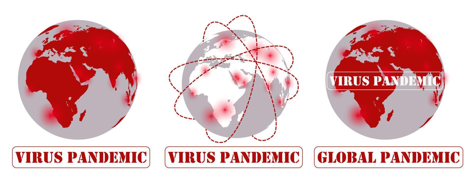 Pandemic virus concept. Global pandemic concept. In 3 illustrations of the world in red to illustrate the world in danger of a pandemic virus. Vector Illustration.