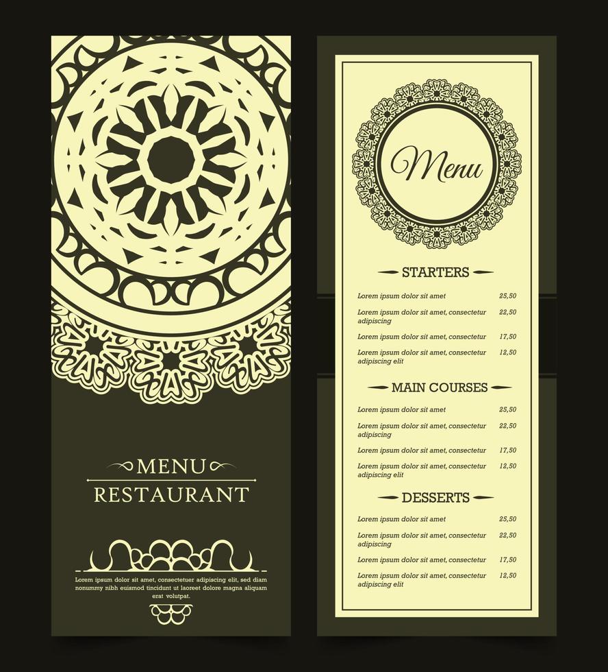 menú de restaurante con elegante estilo ornamental vector