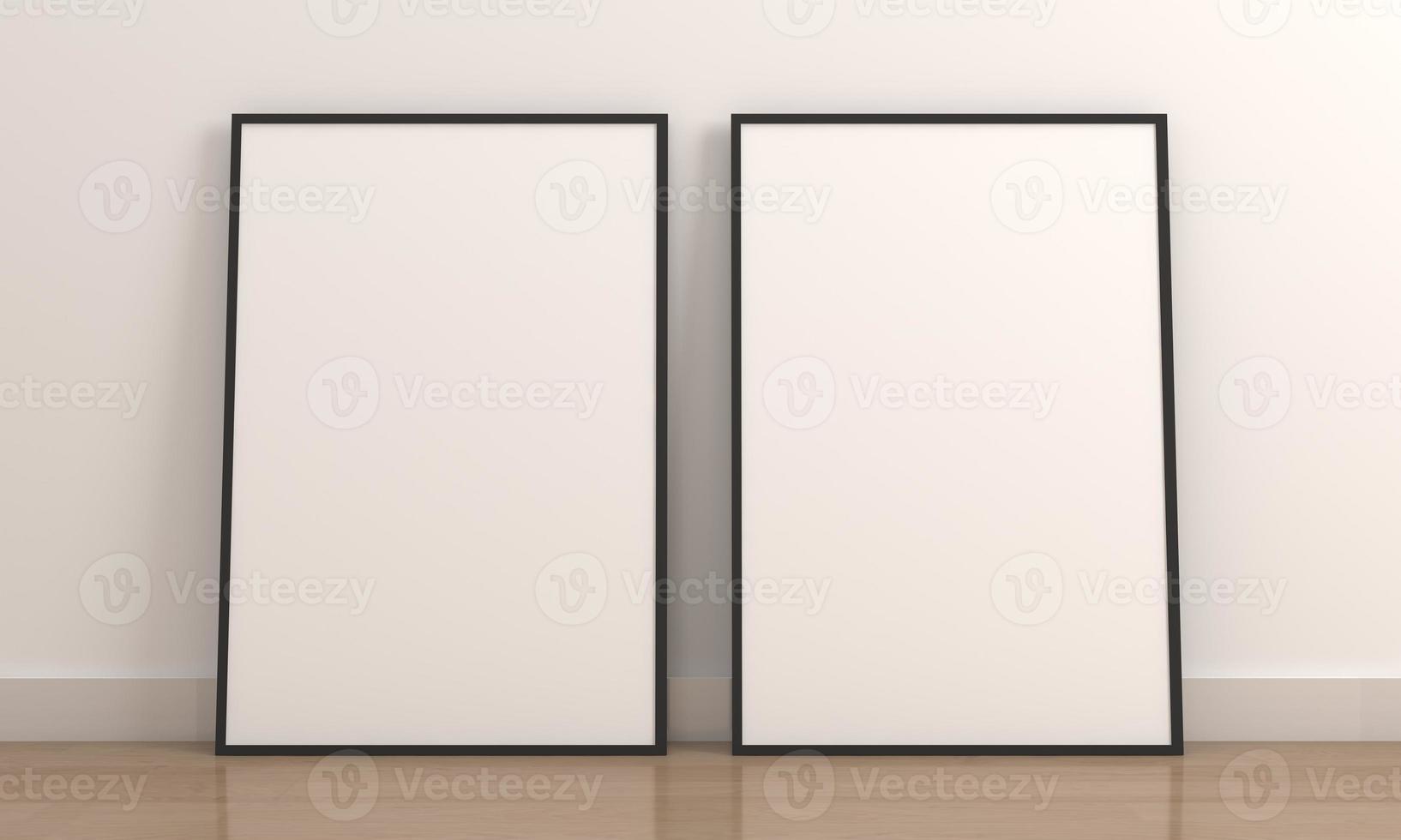 Two vertical empty photo frame mockup on wooden floor