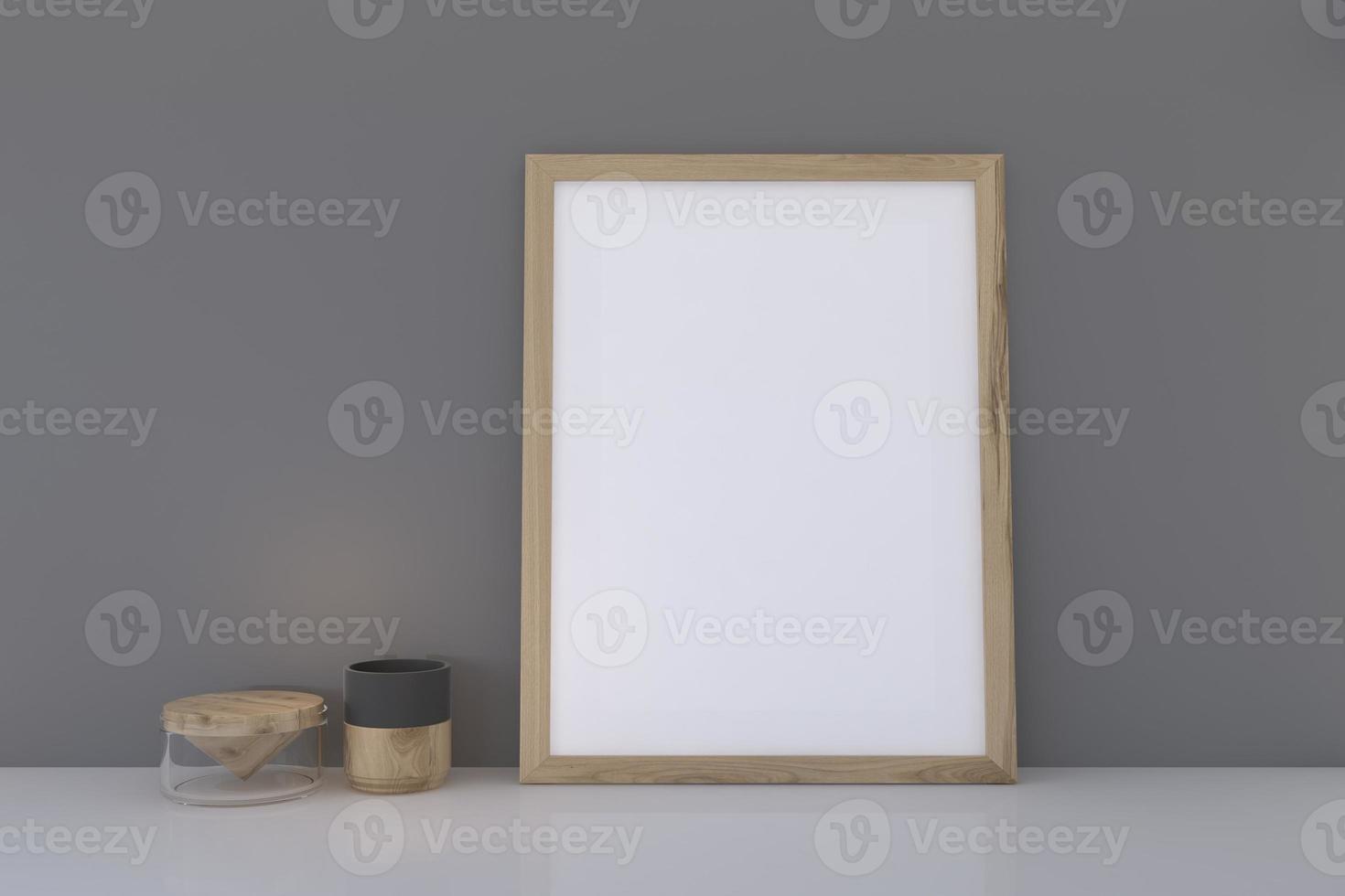 Empty wooden frame mockup with decor on floor photo