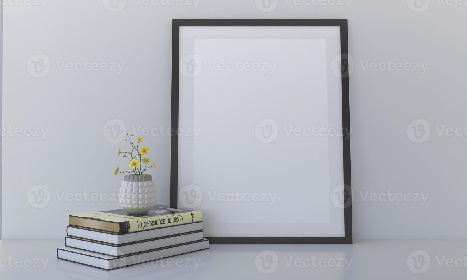 Photo frames mockup on the white shelf with books