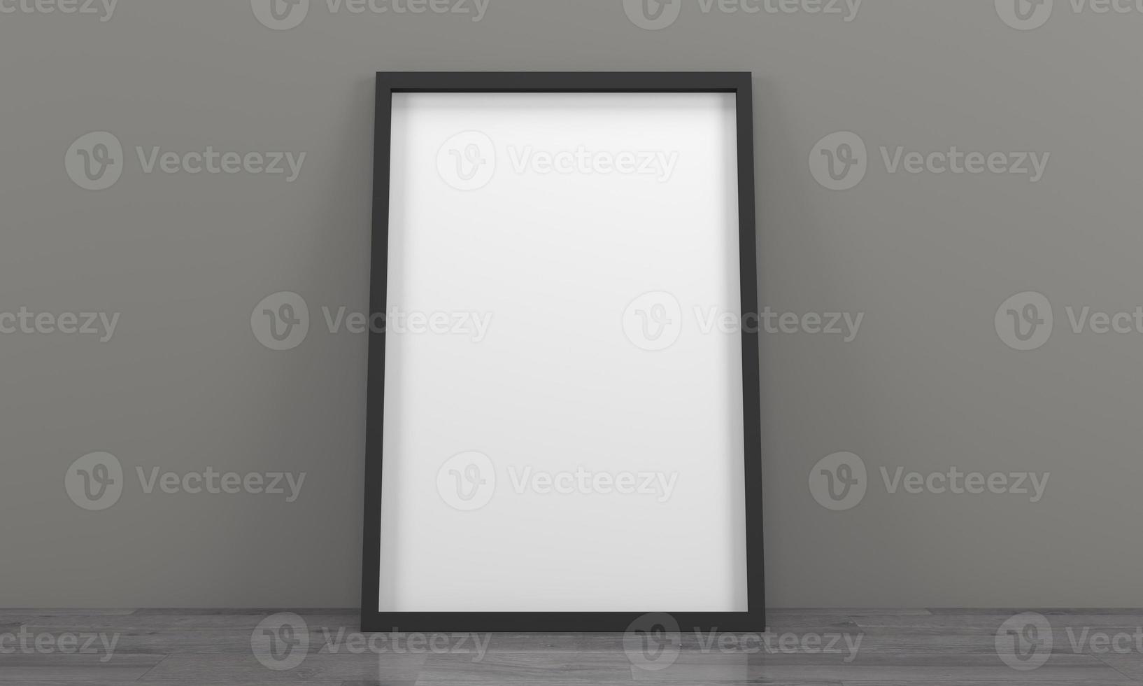 Vertical black empty frame mockup on wooden floor photo