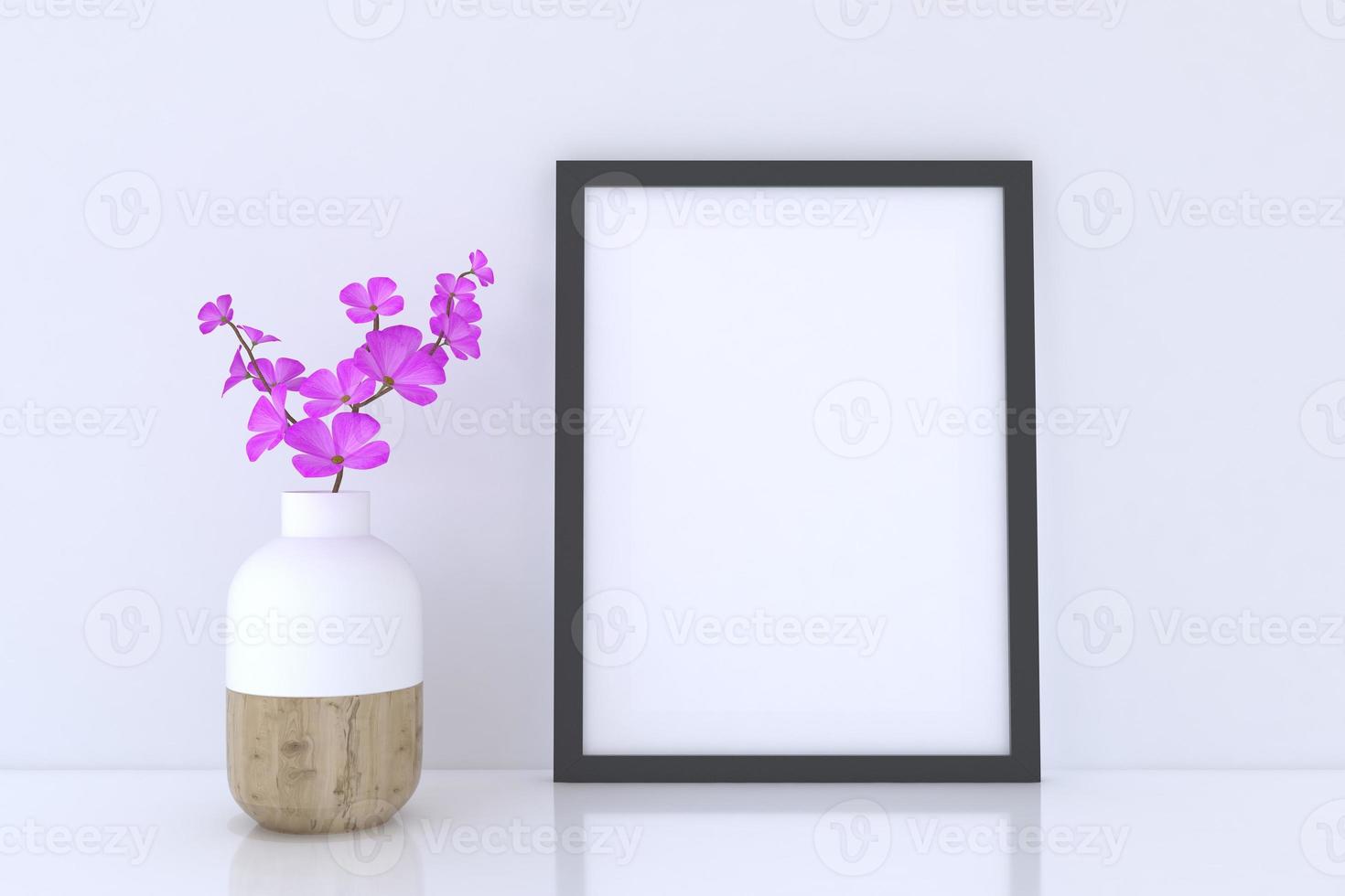 Poster frame mockup on floor with flower vase photo