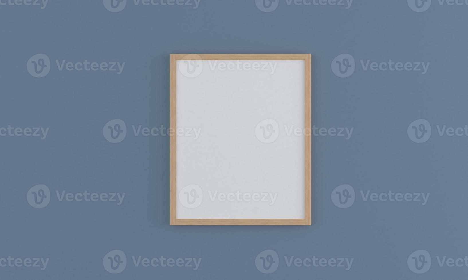 Vertical wooden empty photo frame mockup on wall