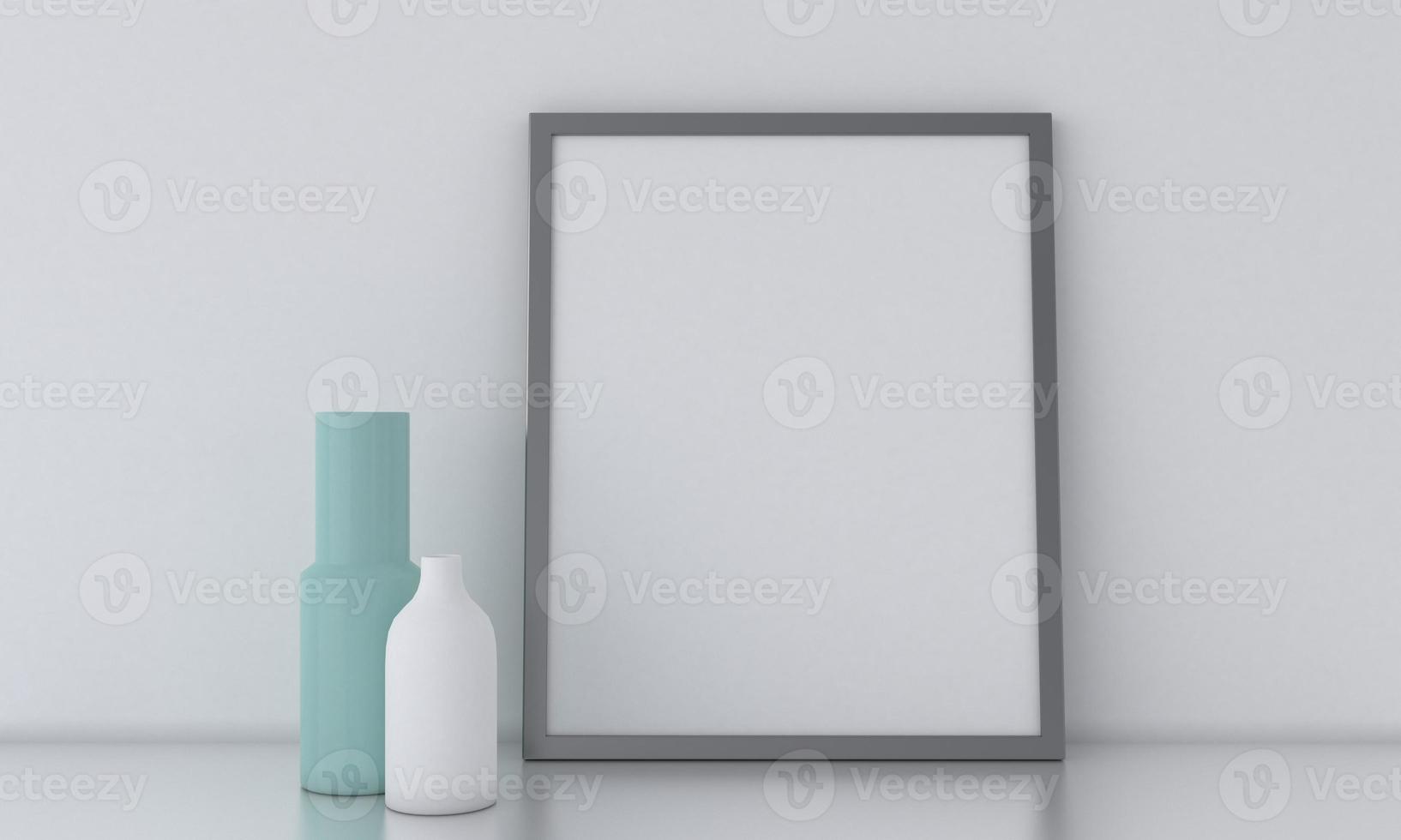 Frame mockup with vases on desk photo