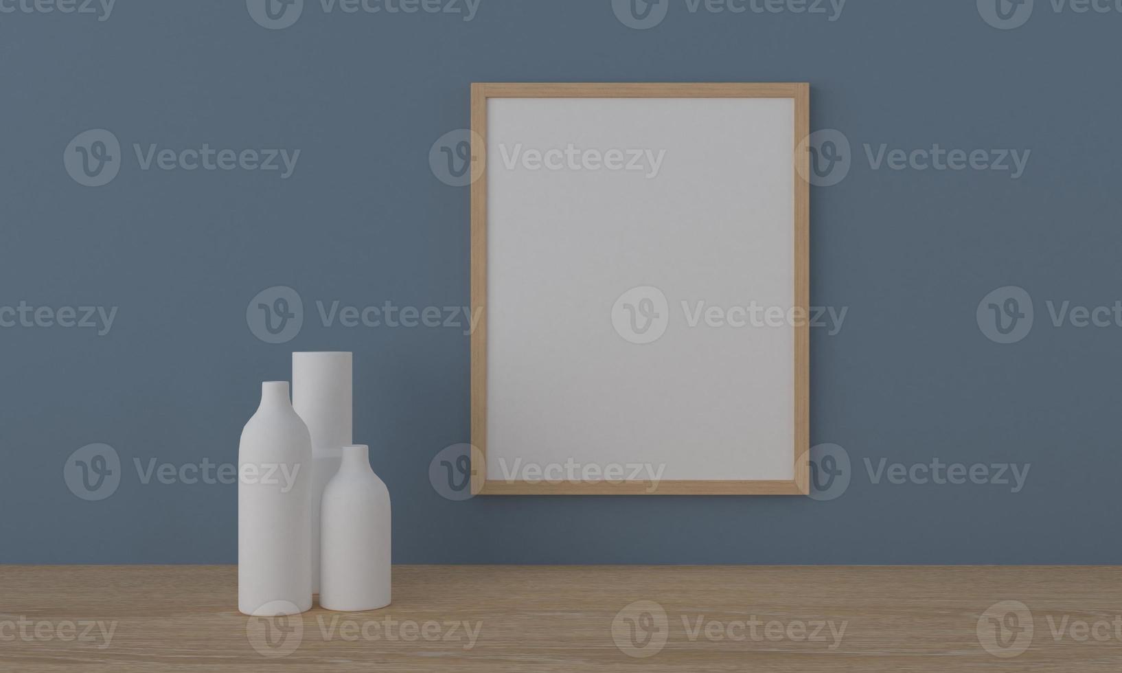 Wooden empty frame mockup with white vases photo