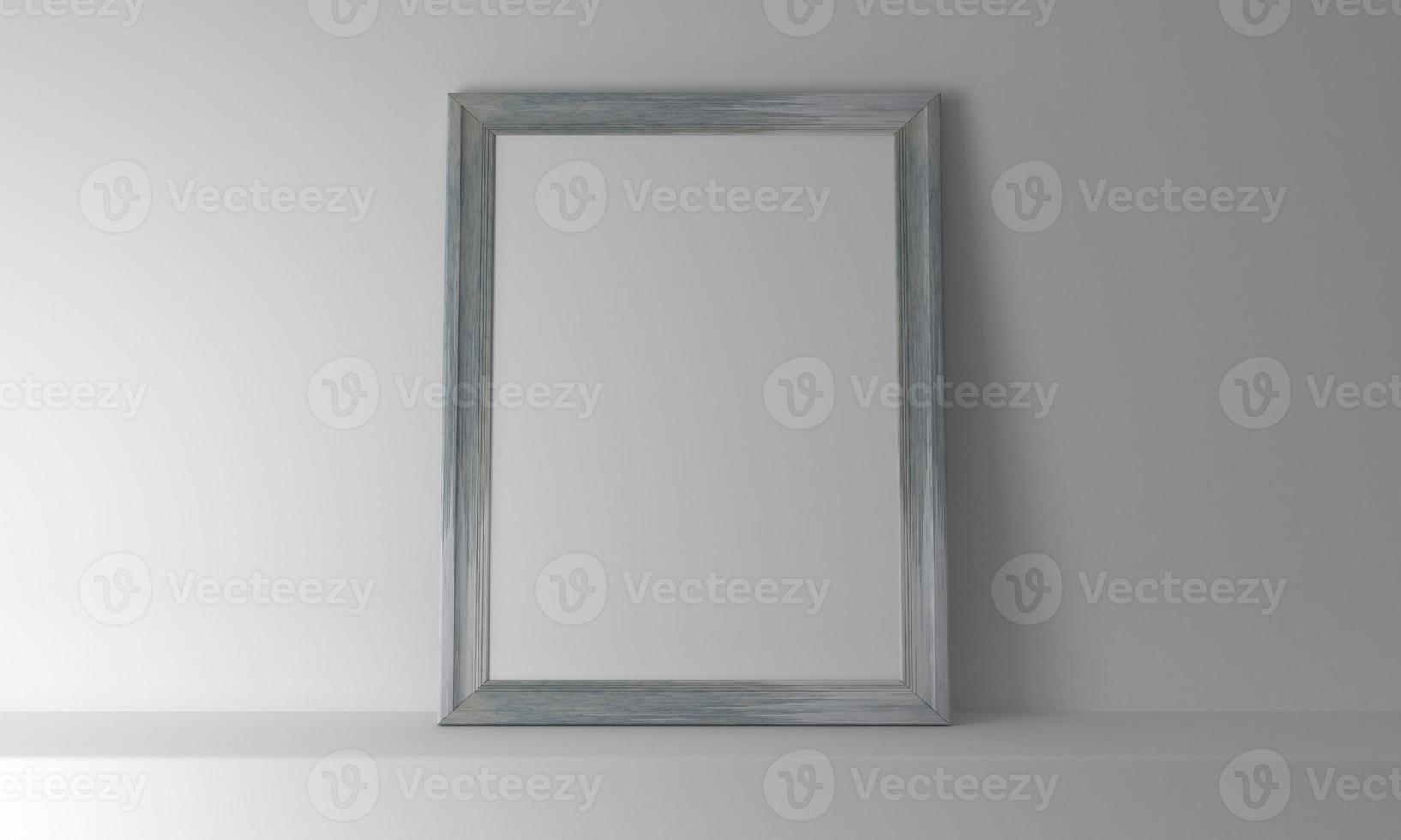Realistic empty wooden frame mockup on gray wall photo