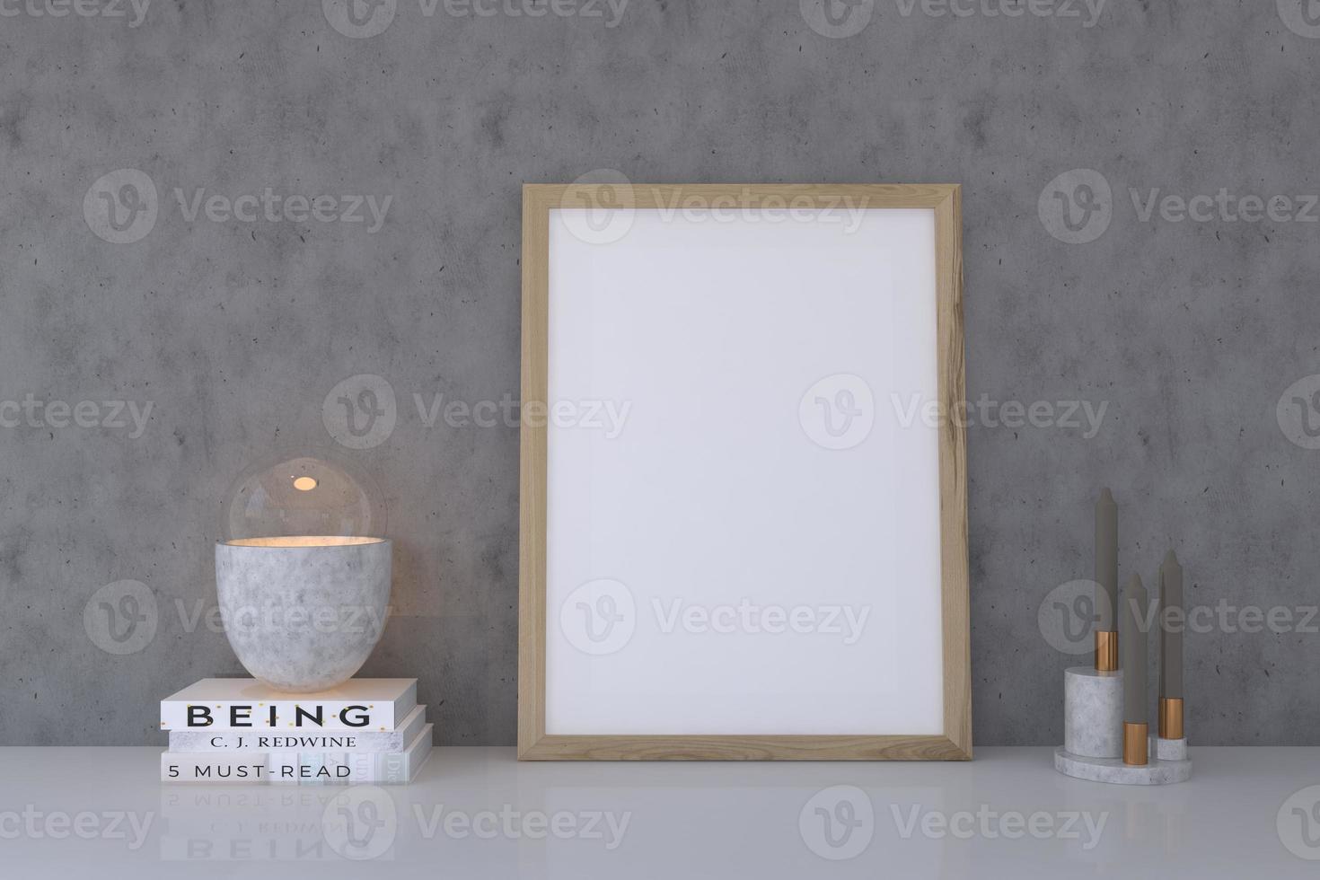 Wooden empty photo frame with decor on concrete wall