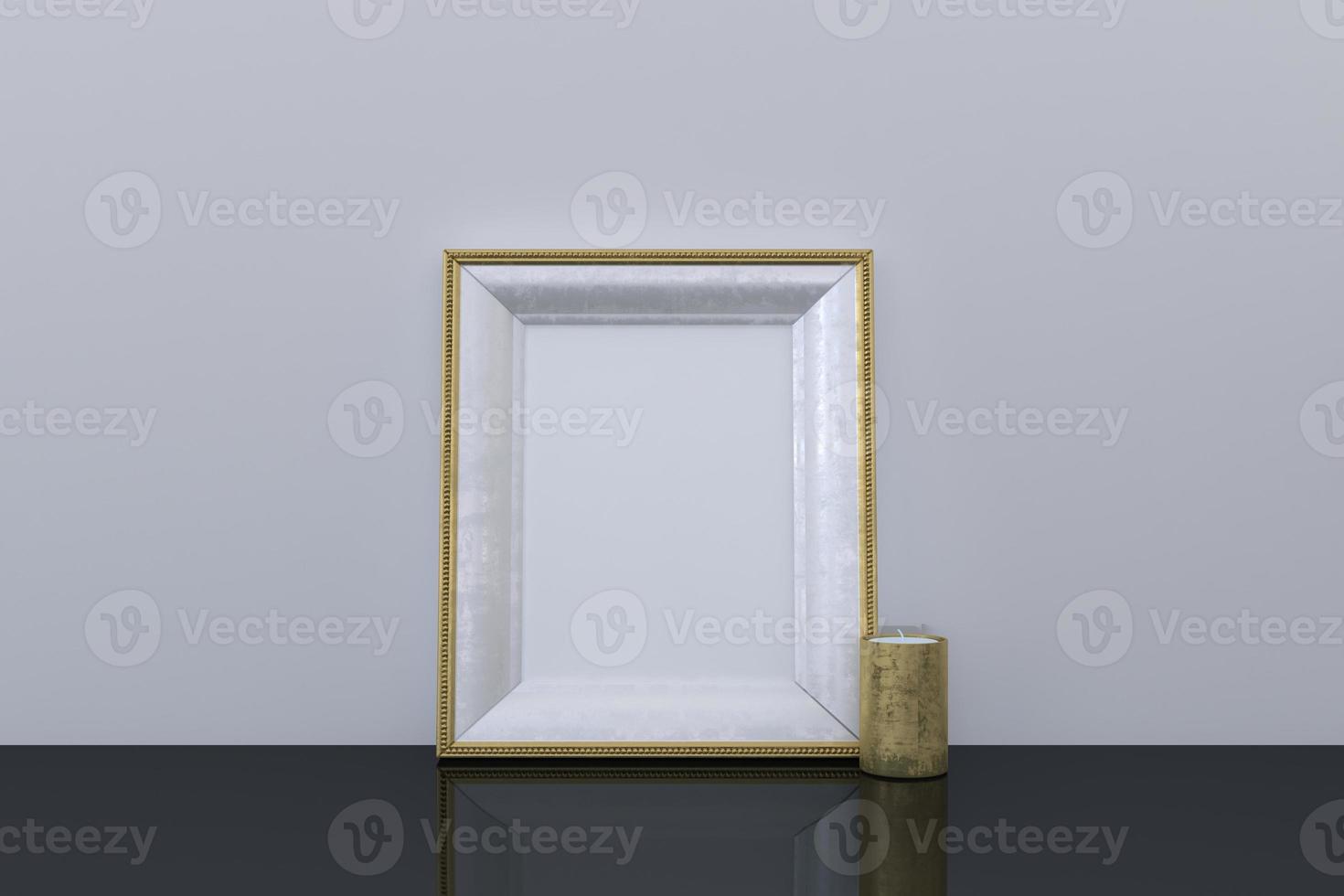 Empty golden frame mockup with candle on floor photo