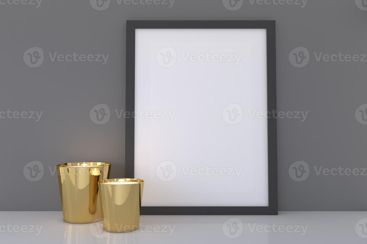 Black empty frame mockup with golden candle photo