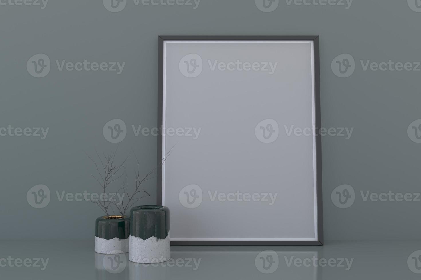 Blank Frame Mockup with decorative plant vases on floor photo