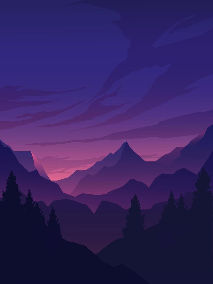 Mountains and Forest with Pine Trees in Silhouette vector