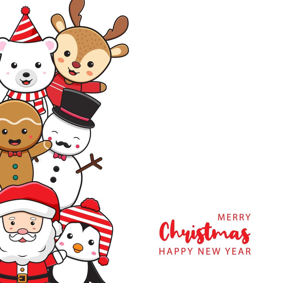 Cute christmas character greeting merry christmas and happy new year cartoon doodle card background illustration vector