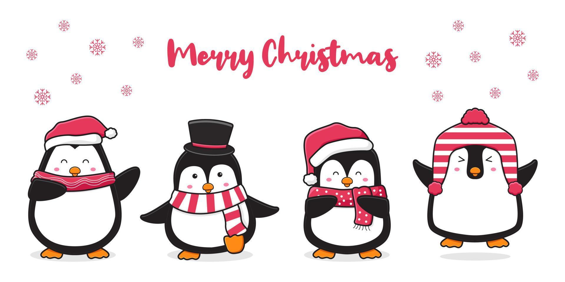 Linda familia de pingüinos saludando feliz navidad dibujos animados doodle tarjeta ilustración de fondo vector