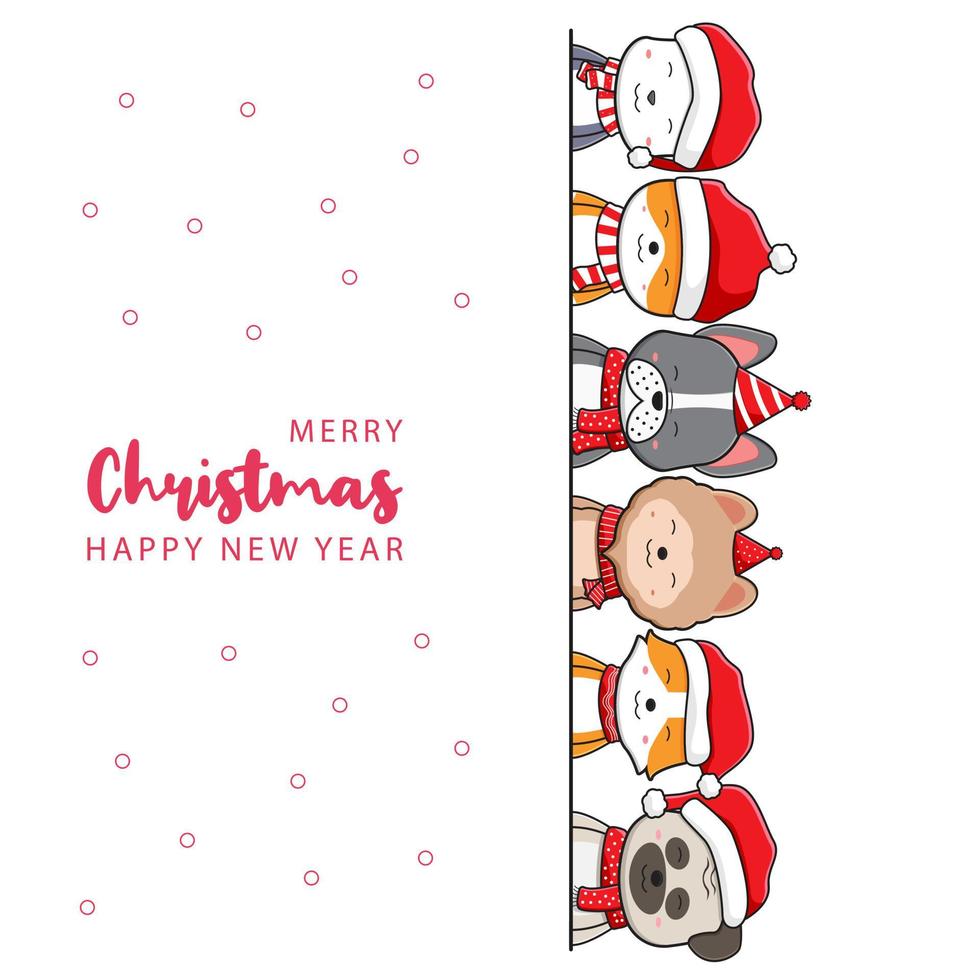 Cute dog family greeting merry christmas and happy new year cartoon doodle card background illustration vector