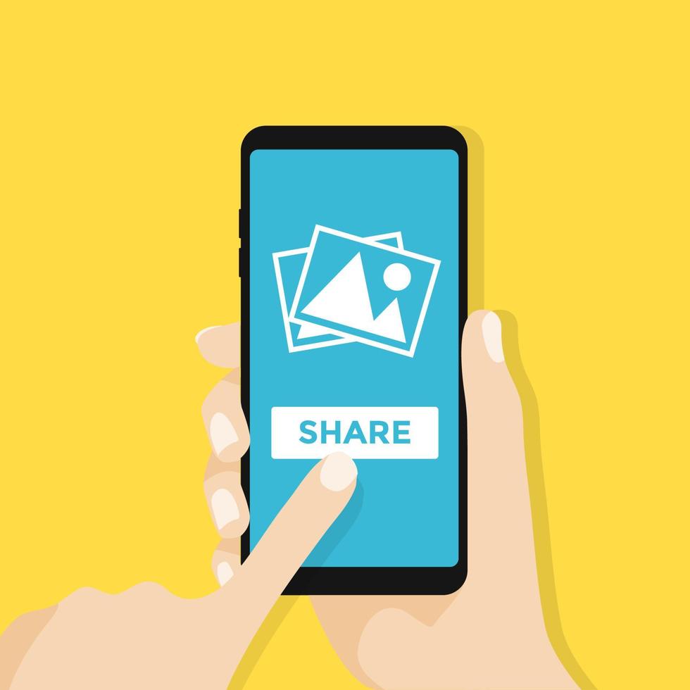 Hand holds smartphone with photos icon on smartphone screen. Multimedia, share photo album app concept. vector