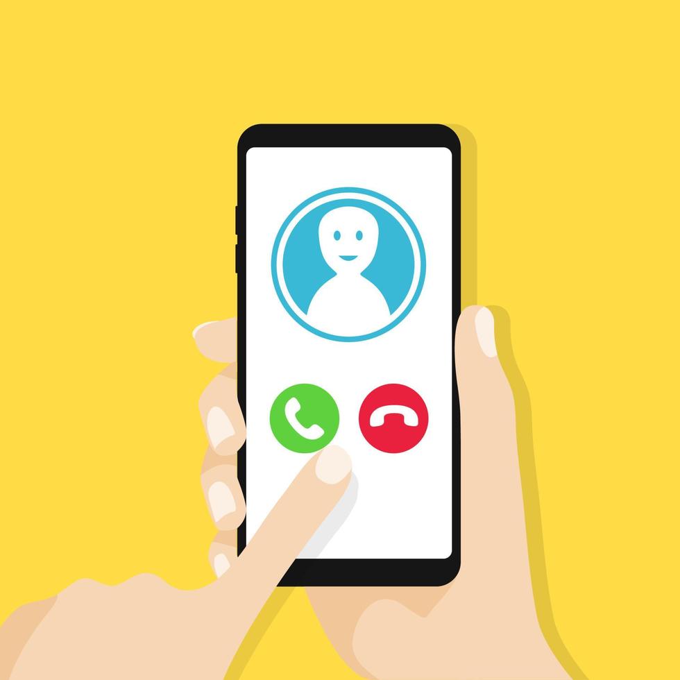 Incoming call on smartphone screen. One hand holds smartphone and finger touch screen. vector