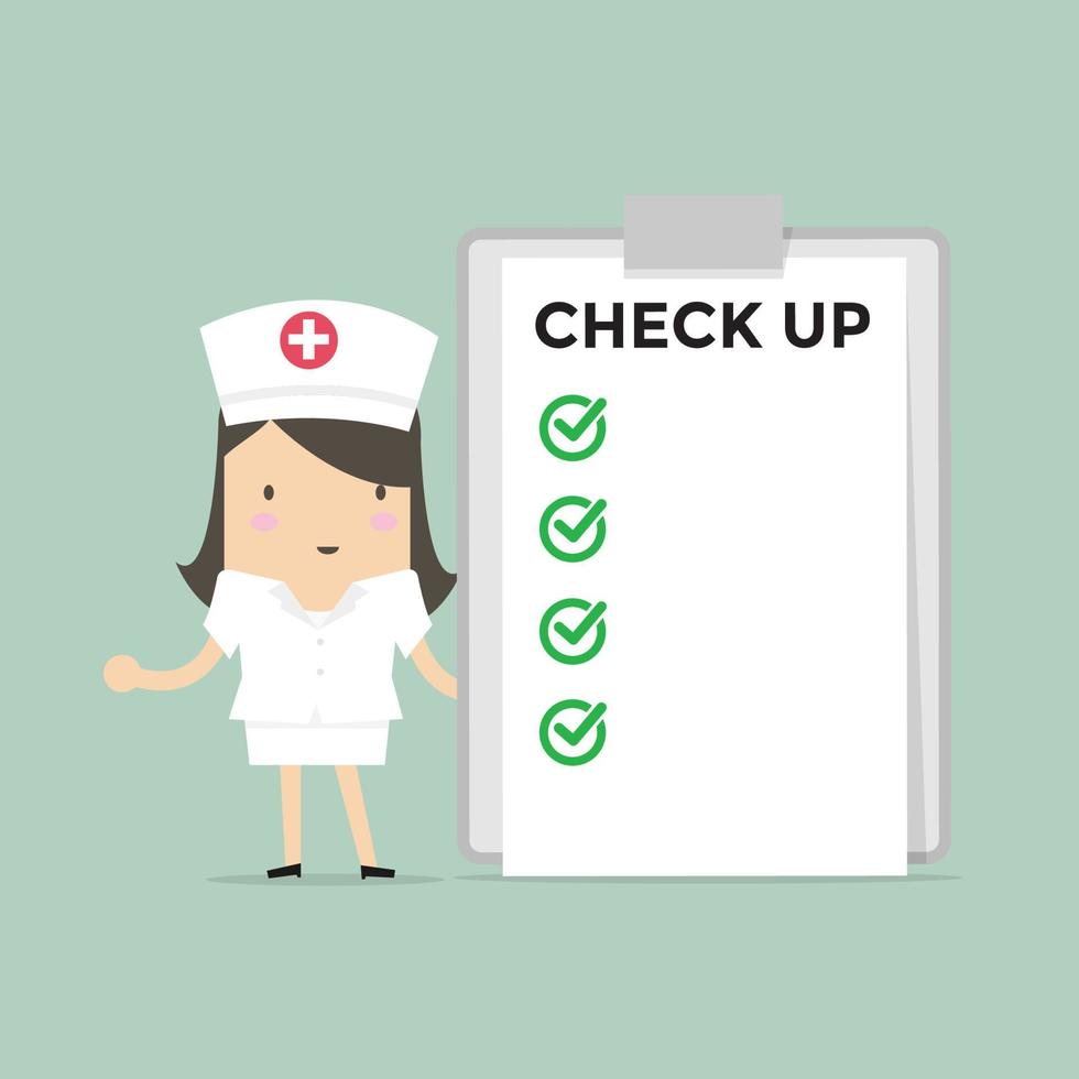 Nurse with list of medical check up. vector