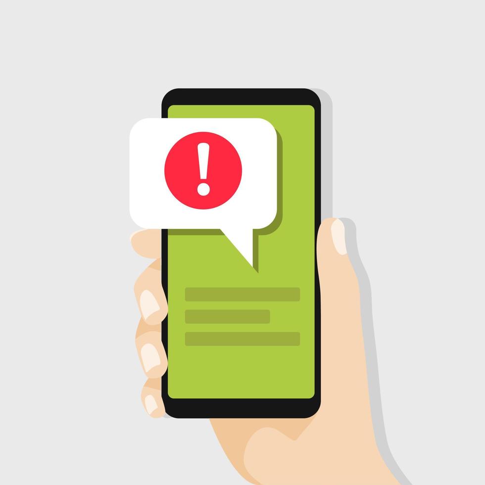 Hand holding smartphone with speech bubble and exclamation point icon. vector
