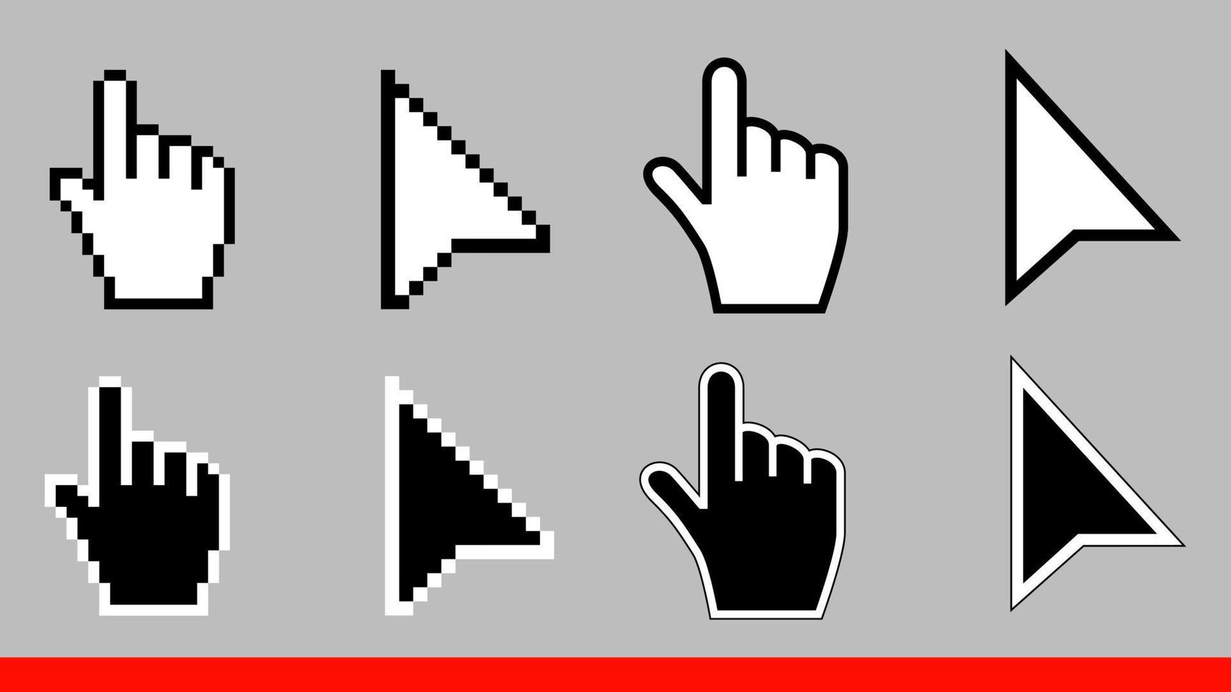 8 píxeles de flecha en blanco y negro y ningún ejemplo de vector de icono de cursores de mano de ratón de píxel conjunto diseño de estilo plano aislado sobre fondo blanco.