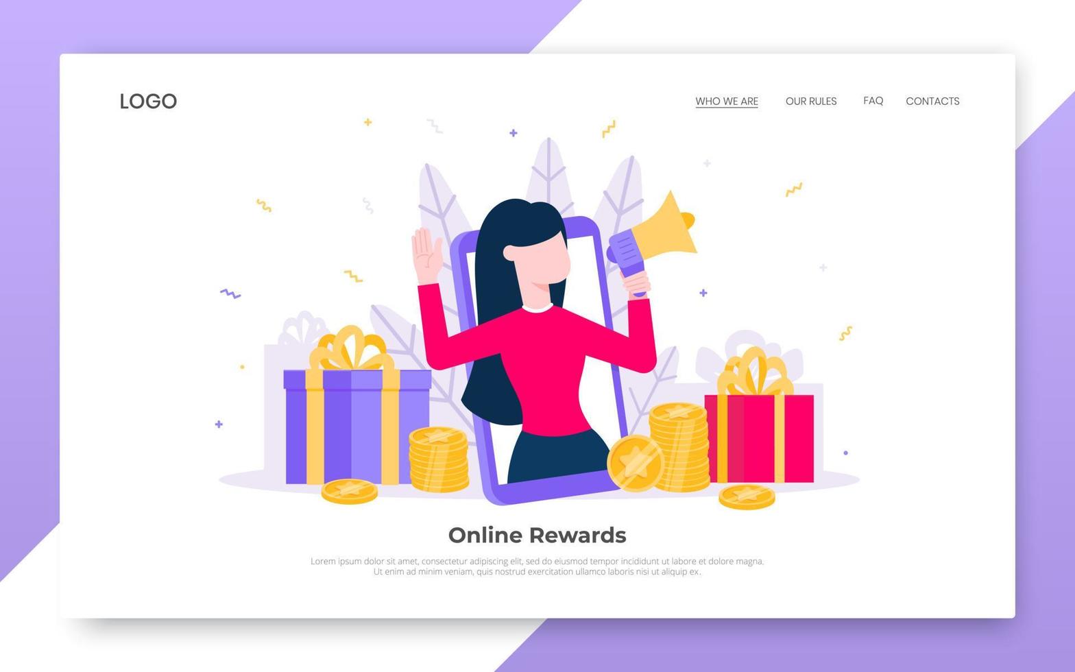 Online reward flat style design vector illustration landing page concept.