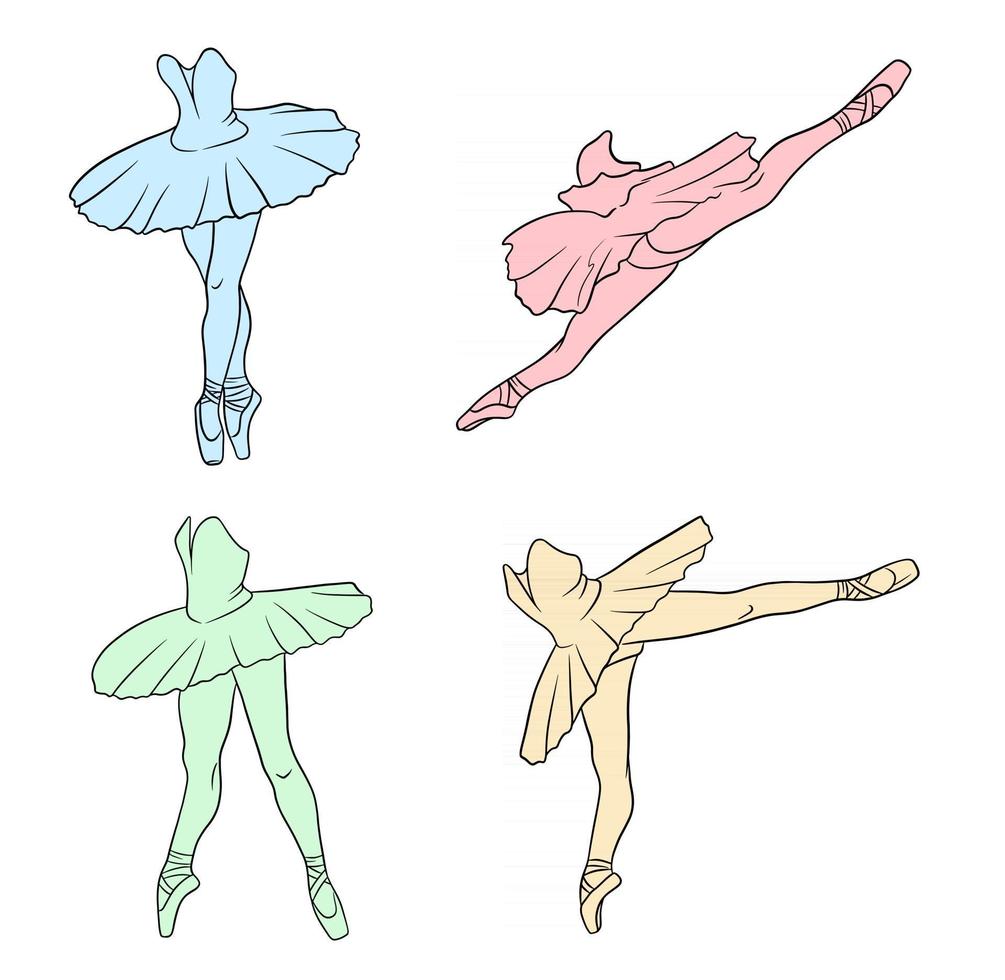 Ballet set. Ballerina in pointe shoes and a tutu. Dancer's legs. Line art. vector