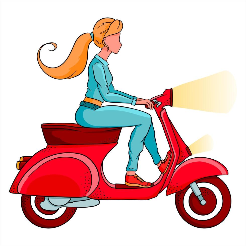 joven rubia en un scooter rojo. vehículo. estilo de dibujos animados. vector